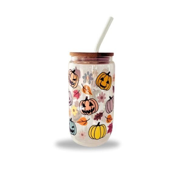 Halloween Pumpkin Glass Tumbler Cup with Straw