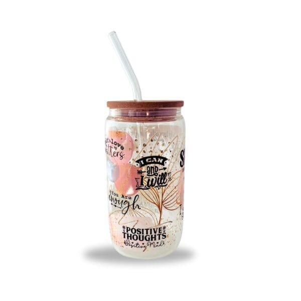 Positive Thoughts Glass Tumbler with Straw 16oz